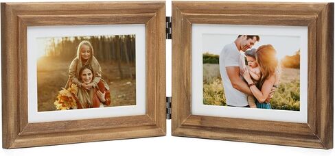 Horizontal 5X7 Picture Frames Double Hinged Wood Folding Photo Frames with Real Glass Front Fit for Desktop or Tabletop Display Pictures 4x6 with Mat or 5x7 Without Mat, Wood Grain XZON-H75X2 in Saudi Arabia
