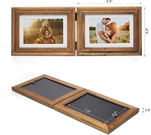 Horizontal 5X7 Picture Frames Double Hinged Wood Folding Photo Frames with Real Glass Front Fit for Desktop or Tabletop Display Pictures 4x6 with Mat or 5x7 Without Mat, Wood Grain XZON-H75X2 in Saudi Arabia