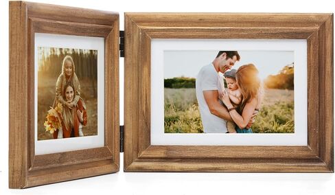 Horizontal 5X7 Picture Frames Double Hinged Wood Folding Photo Frames with Real Glass Front Fit for Desktop or Tabletop Display Pictures 4x6 with Mat or 5x7 Without Mat, Wood Grain XZON-H75X2 in Saudi Arabia