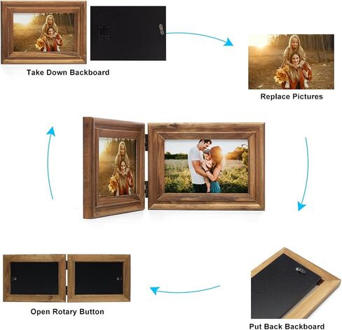 Horizontal 5X7 Picture Frames Double Hinged Wood Folding Photo Frames with Real Glass Front Fit for Desktop or Tabletop Display Pictures 4x6 with Mat or 5x7 Without Mat, Wood Grain XZON-H75X2 in Saudi Arabia
