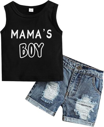 Baby Toddler Boys Summer Outfit Set Sleeveless Vest Bro Code Letter Print Tank Tops with Ripped Denim Shorts in Saudi Arabia