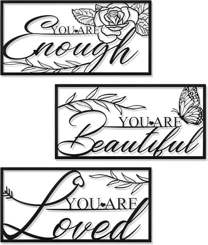 3 Pcs Black Metal Motivational Wall Art Decor, 15.7X 7.9'' Inspirational Office Decor for Woman Girl Positive Quote You are Loved Beautiful Enough Flower Hanging Wall Sign in Kuwait