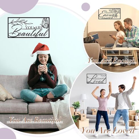 3 Pcs Black Metal Motivational Wall Art Decor, 15.7X 7.9'' Inspirational Office Decor for Woman Girl Positive Quote You are Loved Beautiful Enough Flower Hanging Wall Sign in Kuwait