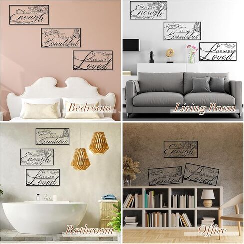 3 Pcs Black Metal Motivational Wall Art Decor, 15.7X 7.9'' Inspirational Office Decor for Woman Girl Positive Quote You are Loved Beautiful Enough Flower Hanging Wall Sign in Kuwait