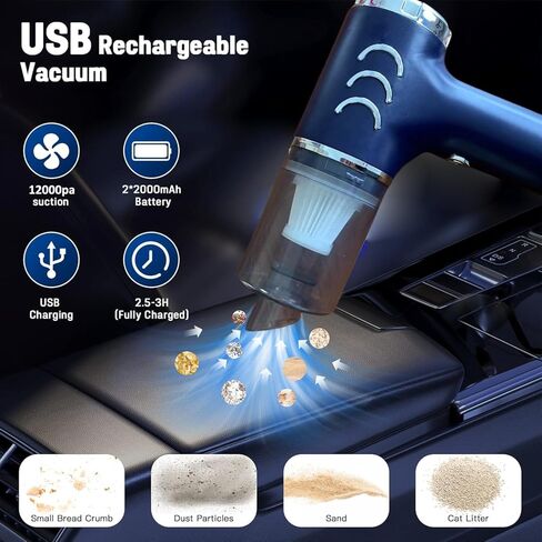 مكنسة كهربائية محمولة للسيارة 3 في 1 بقوة 12000 باسكال ومكنسة كهربائية ومنفضة هواء 7.4 فولت مكنسة كهربائية محمولة للرطب والجاف للسيارة والمنزل والمكتب والحيوانات الأليفة مع محرك بدون فرشاة in Kuwait