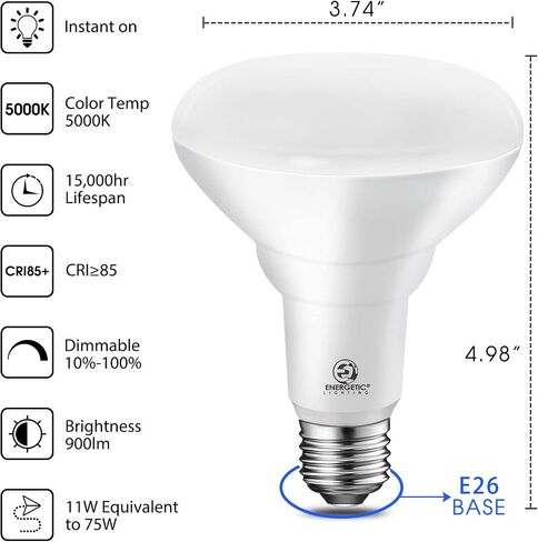 Energetic 6 Pack 75W BR30 LED Recessed Light Bulb, Dimmable, 900 Lumens, 2700K Soft White, E26 Base, Indoor Flood Light for 5/6 Inch Cans, UL Listed in Saudi Arabia