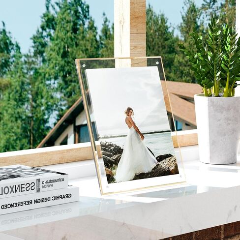 Acrylic 3.5x5 Picture Frame with Gold Edge, Clear Magnetic Tabletop 5x3.5 Picture Frame, Freestanding Crystal Acrylic Frame for Retail, Store, Museum, Home, Brand Advertiser in Saudi Arabia
