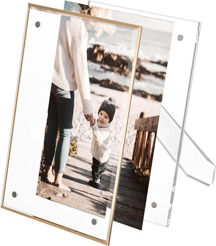 Acrylic 3.5x5 Picture Frame with Gold Edge, Clear Magnetic Tabletop 5x3.5 Picture Frame, Freestanding Crystal Acrylic Frame for Retail, Store, Museum, Home, Brand Advertiser in Saudi Arabia