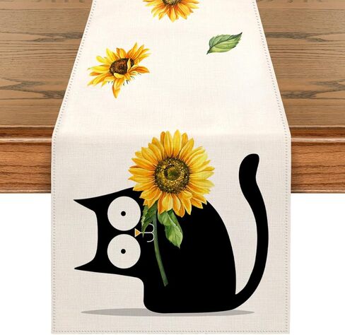 4TH Emotion Summer Cat Table Runner, Yellow Sunflower Farmhouse Table Runners for Kitchen Dining Coffee or Indoor and Outdoor Home Parties Decor 13 x 72 Inches in Kuwait