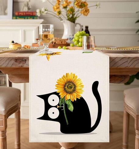 4TH Emotion Summer Cat Table Runner, Yellow Sunflower Farmhouse Table Runners for Kitchen Dining Coffee or Indoor and Outdoor Home Parties Decor 13 x 72 Inches in Kuwait