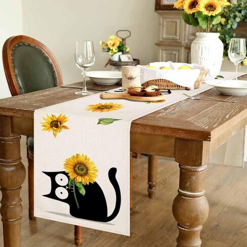 4TH Emotion Summer Cat Table Runner, Yellow Sunflower Farmhouse Table Runners for Kitchen Dining Coffee or Indoor and Outdoor Home Parties Decor 13 x 72 Inches in Kuwait