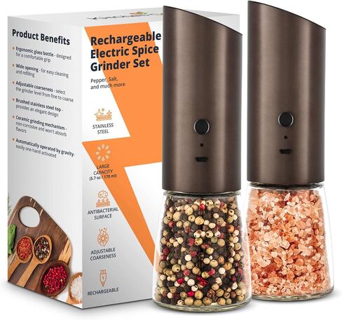 Rechargeable Electric Salt or Pepper Grinder, Automatic Gravity Mill with Adjustable Coarseness, Brushed Stainless Steel, Ceramic Blades and Refillable Glass (Bronze grinder - 1 unit) in Saudi Arabia