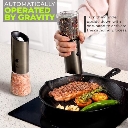 Rechargeable Electric Salt or Pepper Grinder, Automatic Gravity Mill with Adjustable Coarseness, Brushed Stainless Steel, Ceramic Blades and Refillable Glass (Bronze grinder - 1 unit) in Saudi Arabia