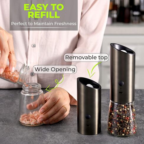 Rechargeable Electric Salt or Pepper Grinder, Automatic Gravity Mill with Adjustable Coarseness, Brushed Stainless Steel, Ceramic Blades and Refillable Glass (Bronze grinder - 1 unit) in Saudi Arabia