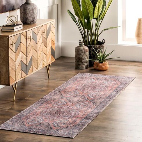 nuLOOM Maple Machine Washable Floral Medallion Runner Rug, 2' 8" x 8', Rust in Saudi Arabia