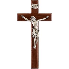 Wooden Walnut Wall Cross Crucifix with Pewter Jesus Christ Corpus, Catholic Decor, 10 Inch