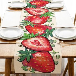 Spring Summer Strawberry Table Runner, Red Fruit Bee Kitchen Dining Table Decoration, Seasonal Burlap Indoor Outdoor Home Decor Party Supply 13 x 72 Inches