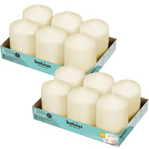 BOLSIUS 12 Ivory Pillar Candles Bulk - 3x3 Inches Candle Set - 25+ Hours Clean Burning - No Palm Oil - 0% Animal Fat - Premium European Quality - Unscented Dripless Emergency Pillars