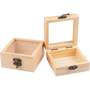 Framendino, 2 Pack Small Wooden Box with Hinged Lid Unfinished Wood Jewelry Box 3.5x3.5x1.8 Inch Blank Wooden Gift Boxes for DIY Craft Jewelry Organizer