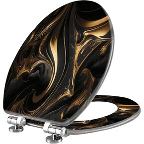 Elongated Toilet Seat Abstract marble fluid art painting alcohol ink style a black gold Resin Toilet Seat Quietly Slow Close with Quick-Release Hinges Toilet Seat with Cover Easy to Clean Install