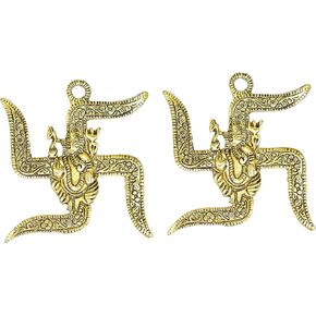 Ganesha Swastik Metal Sculpture Spiritual Sacred Wall Hangings Religious Traditional Temple Home Office Décor Decoration Gifting Pack of 2- Size 4 Inch