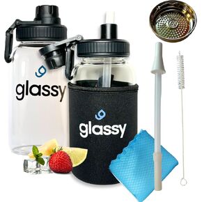glassy 24 oz Water Bottle with Straw, Black Neoprene Sleeve, Dual-Use Cap, Straw Cleaner, Infuser, Phone Stand Handle, BPA Free, Hot or Cold Liquids, Leak Proof, Borosilicate Glass, 700mL in Saudi Arabia