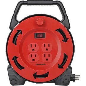 DEWENWILS Extension Cord Reel with 30 FT Power Cord, Hand Wind Retractable, 16/3 AWG SJTW, 4 Grounded Outlets, 13 Amp Circuit Breaker, Red Black, UL Listed