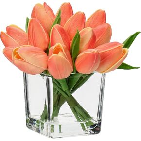 DILATATA Artificial White Tulips in Vase with Faux Water 5.5" Real Touch Flowers Fake Tulips Small Flowers Arrangement in Cube Glass Vase for Mother's Day Table Centerpiece Wedding Home Decor