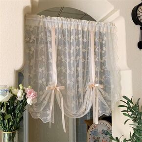 KMSG Pink Bowknot Tie Up Kitchen Curtain Floral Balloon Lace Sheer Curtain Tiers for Small Cafe Windows Rod Pocket Light Filtering Ruffled Voile Window Valance for Wedding 1 Panel W55 x L39 Inch