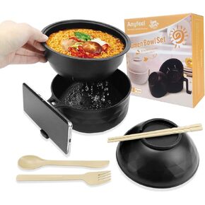 Ramen Cooker, Microwave Ramen Bowl Set with Chopsticks Spoon Ramen Noodle Bowl Instant Cooking for College Dorm Room Essentials, Dishwasher-Safe, BPA-Free (Black)