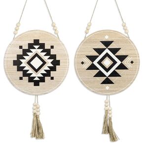 Putuo Decor Round Aztec Wall Decor Sculptures - Set of 2 Wooden Art Pieces for Home Farmhouse, Elegant Traditional Aztec Design for Wall Enhancement