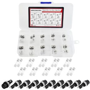 WMYCONGCONG 10 قطع AC 250V 10A/AC 125V 15A لوحة مثبتة 5x20 مم غطاء برغي فيوز حامل مقبس مع 20 قطعة مجموعة صمامات أنبوب زجاجي (10 قيمة)