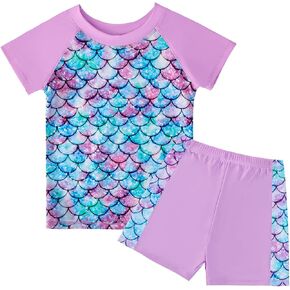 JiAmy Girls Swimsuits - Two Piece Bathing Suit Short Sleeve Rash Guard Set UPF 50+ Beach Swimwear for Kids 4-12 Years