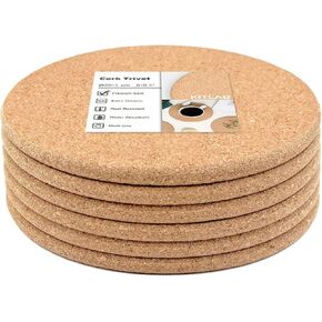 Cork Trivet, 6 Pack High Density Thick Cork Coaster Set for Hot Dishes and Hot Pots, 8 Inch Heat Resistant Multifunctional Cork Board, Hot Pads for Table & Countertop