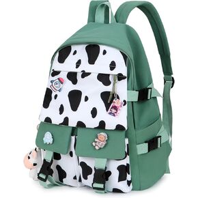 Cow Print Backpack for Teen Girls,Cute Travel School Backpack with Plush Pendant for Girls Middle School Large Bookbag 17.7inch,Green