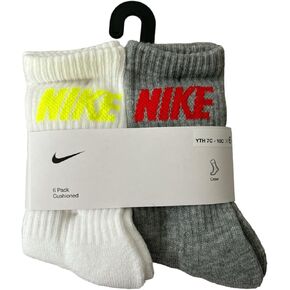 Nike Youth Cushioned Crew Socks, 6 Pack, Sizes 7-10, White and Grey