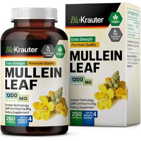 Mullein Capsules - Lung Cleanse Mullein Leaf Herb Supplement - 250 Vegan Mullein Pills for Lungs Extra Strength 1200 mg - Organic Mullein Leaf Powder - No GMOs - No Fillers