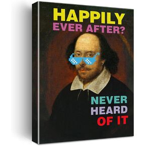 Funny Shakespeare Happily ever after Canvas Painting Prints for Home Wall Art Decor Framed English Classroom Artwork Book Lover Literary Gifts (12x15 Inch)