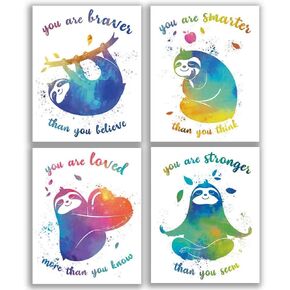 CHIEN-CHI LILI Colorful Sloth Inspirational Words Watercolor Art Print Set of 4 (8"X10"), Sloth art Poster for Boys & Girls, Nursery, Kids Bedroom Home Wall Decor, No Frame