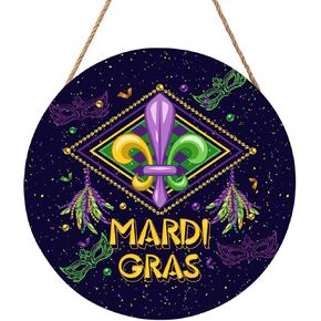 Mardi Gras Decorations Mardi Gras Wood Hanging Sign for Front Door Happy Mardi Gras Glitter Decorative Wall Hanger Sign 12"x12" Rustic Mardi Gras Outdoor Wreaths for Farmhouse Porch House
