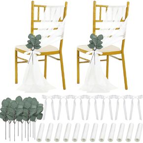 48 Set Wedding Aisle Chair Decorations Bulk Chiffon White Chair Sashes with Ribbons and Artificial Eucalyptus Stems for Wedding Ceremony Church Chair Bench Pew Aisle Decorations