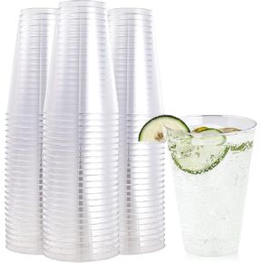FOCUSLINE 100 Pack 12 oz Gold Rimmed Plastic Cups, 12 Ounce Clear Tumblers, Heavy-duty & Fancy Disposable Hard Plastic Cups with Gold Rim for Wedding Elegant Party