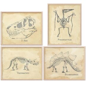 Dinosaur Fossils Art Prints (Set of 4) - Unframed - 8x10s | Vintage Dino Sketches of Triceratops, Stegosaurus, T-Rex Skull, and Pterodactyl | Boys Wall Decor