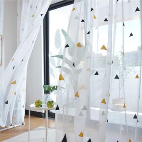 Linen Blackout Window Curtain Boho Curtain for Bedroom 2 Panels Set Kids Girls Triangle Geometric Room Darkening Window Drapes Set for Living, Dining,Diamond Print Window Treatment Drapes 84 Inch Long