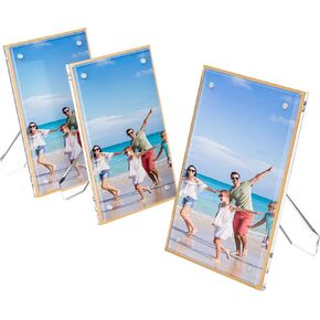 Acrylic 3.5x5 Picture Frame with Gold Edge, Clear Magnetic Tabletop 5x3.5 Picture Frame, Freestanding Crystal Acrylic Frame for Retail, Store, Museum, Home, Brand Advertiser