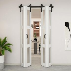 JUBEST Bifold انزلاق باب الحظيرة، باب الحظيرة الزجاجي Bifold مع الأجهزة تشمل، لوح باب الحظيرة الزجاجي المكون من 3 ألواح، أجهزة باب الحظيرة، باب ثنائي الطي مقاس 48 بوصة × 84 بوصة مع مجموعة مسار 52 بوصة للخزانة وغرفة النوم وما إلى ذلك