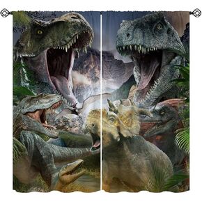 Dinosaur Blackout Curtains for Girls Boy Home Decor, Jungle AnimalJurassic Jungle Raptor 3D Pattern Rod Pocket Thermal Insulated Drapes Darkening Window Curtain for Bedroom Living Room, 42 x 45 Inch