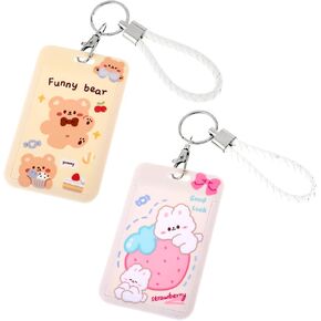2 PCS Kpop Photocard Holder, Cute Cartoon Bear Bunny ID Badge Card Holder PC Holder Kpop Idol Bank Credit Card Case Student Bus Card Pendant Keychain Protective Photo Sleeves