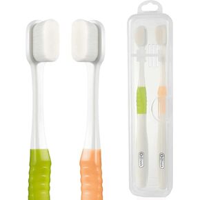OBrush Soft Toothbrush for Sensitive Teeth and Gums, New 20,000 Micro Fine Nano Bristles Tooth Brush for Adults, Pregnant and Elderly, Packed in Portable Case, Color Green Beige Pack of 2