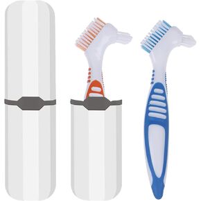 Denture Brush, 2 Pieces False Teeth Toothbrush with White Carrying Case, Multi-Layered Bristles Ergonomic Rubber Handle for False Teeth Cleaning
